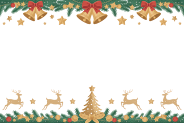 Christmas festive transparent background with reindeer, bells, stars, and pine branches. background removed