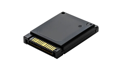 A sleek, black solid-state drive (SSD) with gold contacts, angled slightly, showcasing its compact size and minimalist design