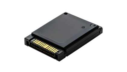 A sleek, black solid-state drive (SSD) with gold contacts, angled slightly, showcasing its compact size and minimalist design