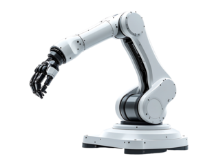Articulated robotic arm, white and gray, with a multi-jointed hand, poised on a base, isolated on black background