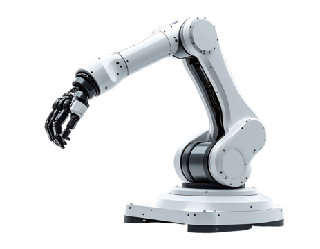 Articulated robotic arm, white and gray, with a multi-jointed hand, poised on a base, isolated on black background