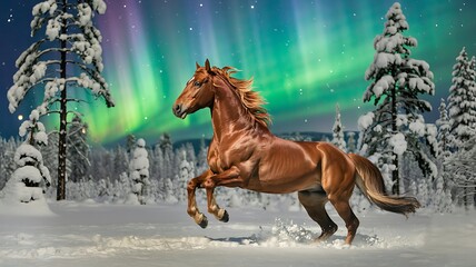 Majestic chestnut horse galloping through a snowy forest under the dazzling aurora borealis northern lights display