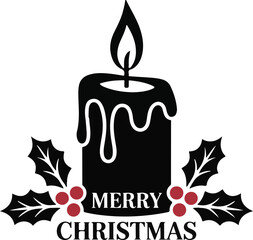 Christmas candle with holly silhouette vector