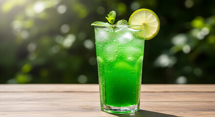 Refreshing green mojito cocktail with lime and mint on a wooden table outdoors offering a cool and