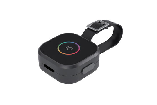 A compact, portable device with a strap, displaying a circular rainbow-colored progress indicator. background removed