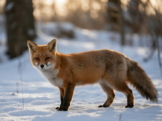 Beautiful red fox standing on snowy ground in a winter forest during golden sunset. Perfect for wildlife photography, nature prints, winter landscape art, and animal lovers.