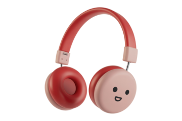Red and pink headphones with a cute smiley face on one earcup, 3D render. background removed
