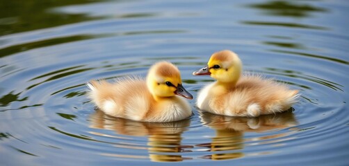 Two fluffy ducklings playfully swim in calm pond water, gentle ripples surrounding them ,   innocent,   natural habitat