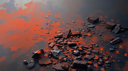 Cracked Surface: A high-angle shot reveals a detailed surface with fragmented objects scattered across a dark plane, where striking red hues create contrast.