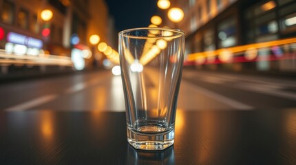Empty Glass in Night City: A clear, empty glass stands prominently, reflecting the blurred lights and energetic ambience of a city street at night. A perfect juxtaposition of stillness and motion. 
