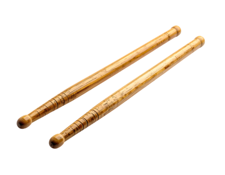 Two light-brown wooden drumsticks with rounded ends and subtle wood grain, lying parallel, showcasing a slight taper towards the tips and a textured grip area