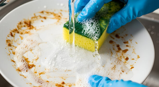 Close-up shot of a gloved hand washing a dirty plate with a sponge in soapy water for cleaning