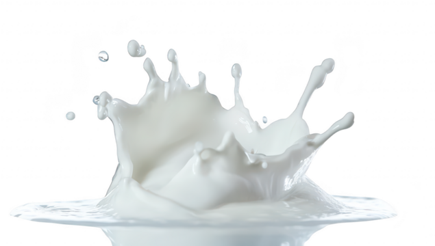 A dynamic splash of milk captured mid-air. the intricate droplets and waves created during the impact. set against a clean white background. ideal for culinary and beverage themes
