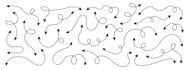 Set of double squiggle line dashed arrows. Dash curved vector editable stroke arrows