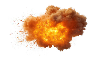 A dramatic explosion of orange and yellow flames surrounded by a cloud of brown smoke. capturing the intensity of a fiery blast in a white background. ideal for action or disaster-themed visuals