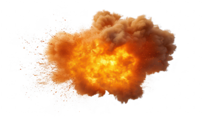 A dramatic explosion of orange and yellow flames surrounded by a cloud of brown smoke. capturing the intensity of a fiery blast in a white background. ideal for action or disaster-themed visuals