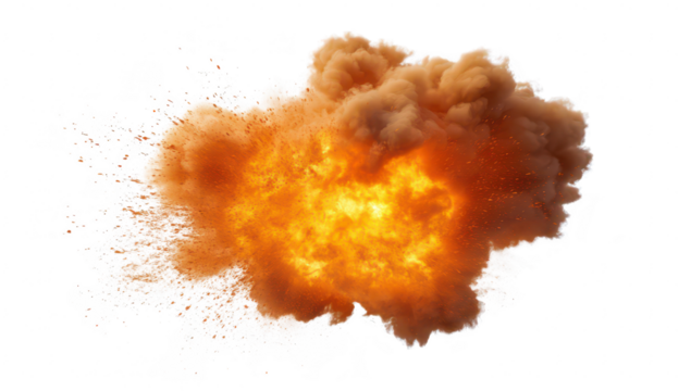 A dramatic explosion of orange and yellow flames surrounded by a cloud of brown smoke. capturing the intensity of a fiery blast in a white background. ideal for action or disaster-themed visuals