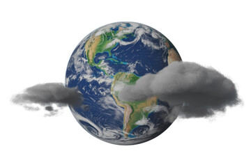 Earth enveloped by dark clouds, symbolizing climate change and environmental threats. background removed
