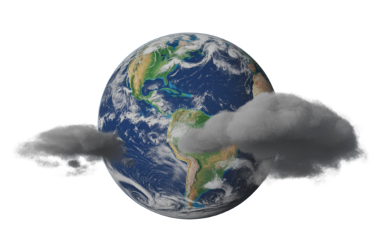 Earth enveloped by dark clouds, symbolizing climate change and environmental threats. background removed
