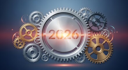 New year 2020 celebration with interlocking gears and metallic shine