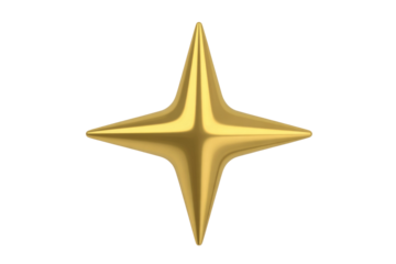 A 3D rendering of a shiny gold four-pointed star on a transparent background. background removed