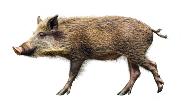 A realistic depiction of a wild boar walking gracefully on a clean white background. its detailed fur texture and natural posture. ideal for wildlife and nature-themed projects