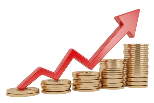 Red arrow pointing upward on stacks of gold coins showing financial growth and increasing profits. background removed