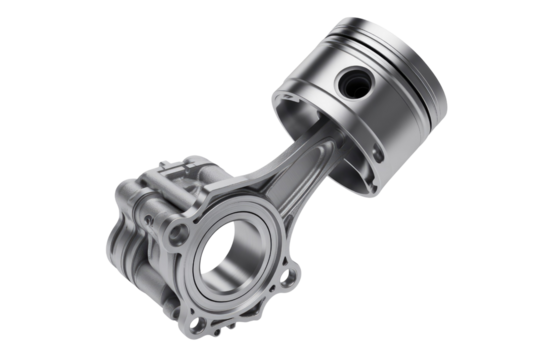 3D render of a metallic piston and connecting rod assembly, isolated on transparent background. background removed