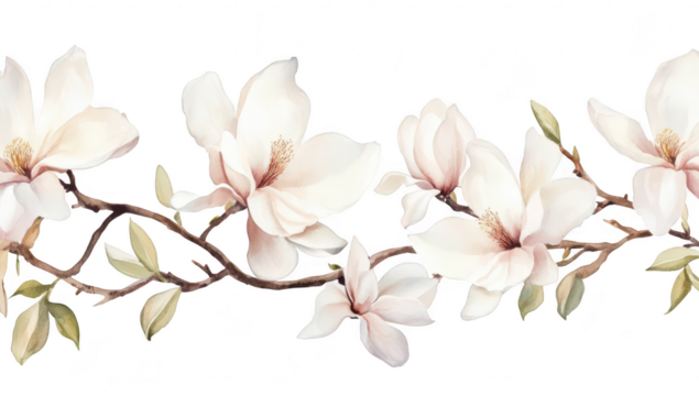 A serene composition of delicate magnolia flowers in soft pink and white hues. gracefully arranged along a slender branch. set against a clean white background. ideal for floral-themed designs