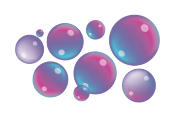 A collection of iridescent pink and blue bubbles of varying sizes on a transparent background. background removed