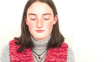 Young teenage girl body language serene expression closed eyes wearing knit sweater and layered necklaces