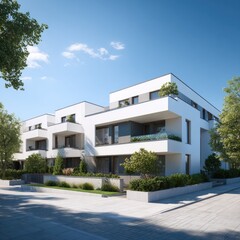 Modern apartment buildings with white facades, balconies, and landscaping