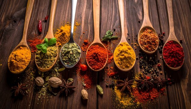 Colorful spices in wooden spoons on a rustic wooden surface - Powered by Adobe