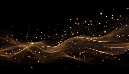 Abstract golden waves and glittering particles on black background
