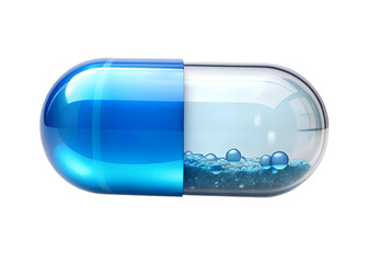 suspended glossy capsule half filled with blue water png image on transparent background