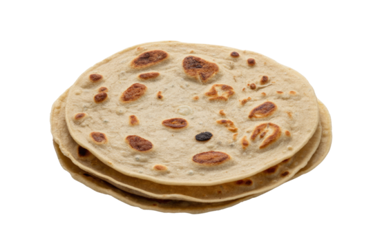 A stack of three golden-brown flatbreads, possibly rotis or tortillas, isolated on a transparent background. background removed