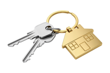 A 3D render of house-shaped keychain with two silver keys, isolated on transparent background. background removed