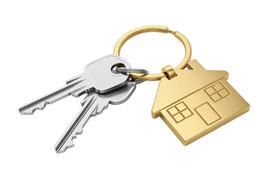 A 3D render of house-shaped keychain with two silver keys, isolated on transparent background. background removed - Powered by Adobe