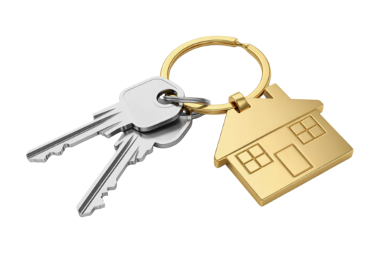 A 3D render of house-shaped keychain with two silver keys, isolated on transparent background. background removed
