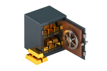 Open safe with gold bars inside, 3D rendering, financial security concept. background removed