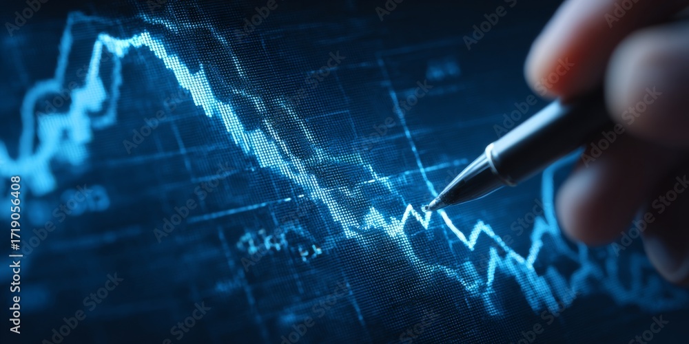 Poster hand drawing trend line on blue background with chart and data pattern highlighting year 2020 peak a
