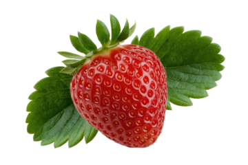 A single, ripe strawberry with green leaves, isolated on a transparent background. background removed