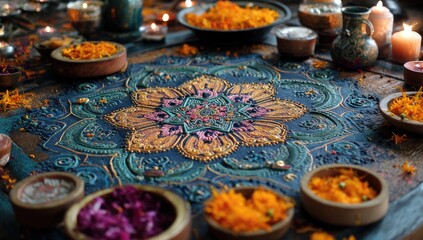 Fototapeta premium Ornate mandala on a table, surrounded by bowls of petals and candles