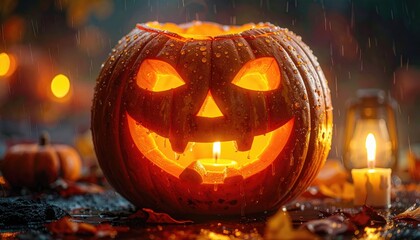 Halloween pumpkin glowing in rain at night with candle inside and autumn leaves