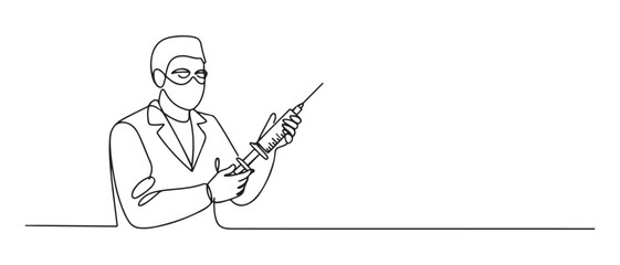 The anesthesiologist holds a syringe with an anesthetic in his hands. World Anaesthesia Day. one line Icon drawing with white background. one line Icon drawing with white background