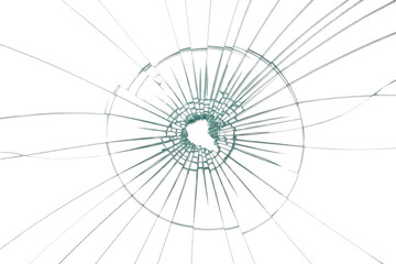 Obraz premium A close-up shot of a shattered glass with radial cracks emanating from the center, creating a starburst effect against a transparent background. background removed