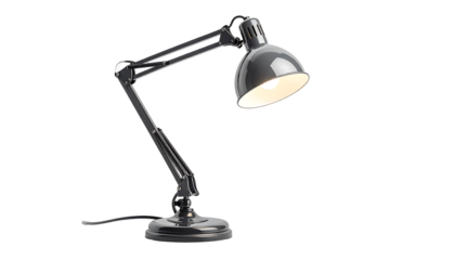 A dark gray metal desk lamp with a flexible gooseneck arm and a dome-shaped shade, illuminated, angled slightly downward