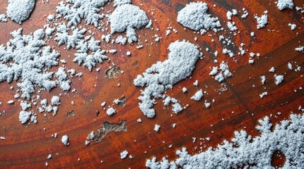 Frosty Crystal Pattern on Wood: A mesmerizing macro shot showcasing the delicate and intricate patterns of frost crystals adorning a rich wooden surface, a testament to nature's artistry.