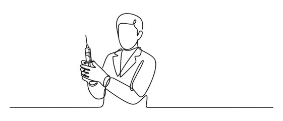 The anesthesiologist holds a syringe with an anesthetic in his hands. World Anaesthesia Day. one line Icon drawing with white background. one line Icon drawing with white background