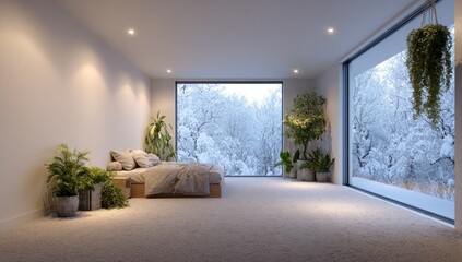 A serene bedroom interior showcases a view of a snowy winter landscape.